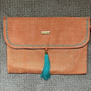 Straw Orange Clutch with Teal Tassel